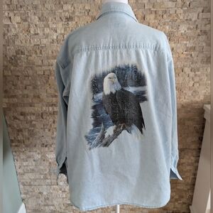 Vintage 90s AllSport Real Good Denim Bald Eagle Graphic Button Down Shirt Sz L